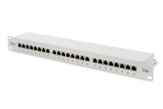 Patch panel 19" 24 porty, kat.5e, S/FTP, 1U, wspornik kablowy, szary (kompletny)