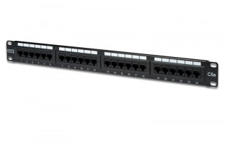 Patch panel 19" 24 porty, kat.5e, U/UTP, 1U, wspornik kablowy, czarny (kompletny)