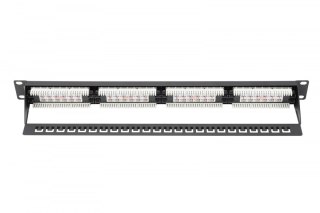 Patch panel 19" 24 porty, kat.5e, U/UTP, 1U, wspornik kablowy, czarny (kompletny)