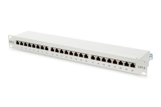 Patch panel 19" 24 porty, kat.6, S/FTP, 1U, wspornik kablowy, szary (kompletny)