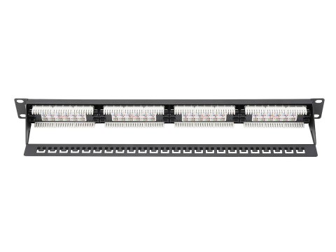 Patch panel 19" 24 porty, kat.6, U/UTP, 1U, wspornik kablowy, czarny (kompletny)