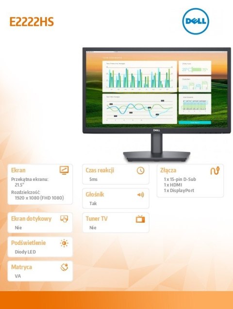 Monitor E2222HS 21.5 cali LED 1920x1080/VGA/HDMI/DP/3Y