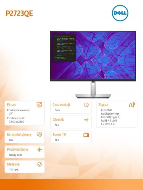 Monitor P2723QE 27 cali IPS LED 4K (3840x2160)/16:9/HDMI/DP/USB-C/4xUSB 3.2 /RJ45/3Y AES