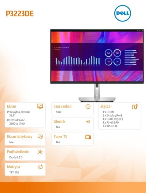 Monitor P3223DE 31,5 cali IPS LED QHD (2560x1440) /16:9/HDMI/DP/USB-C/4xUSB 3.2/RJ45/3Y AES