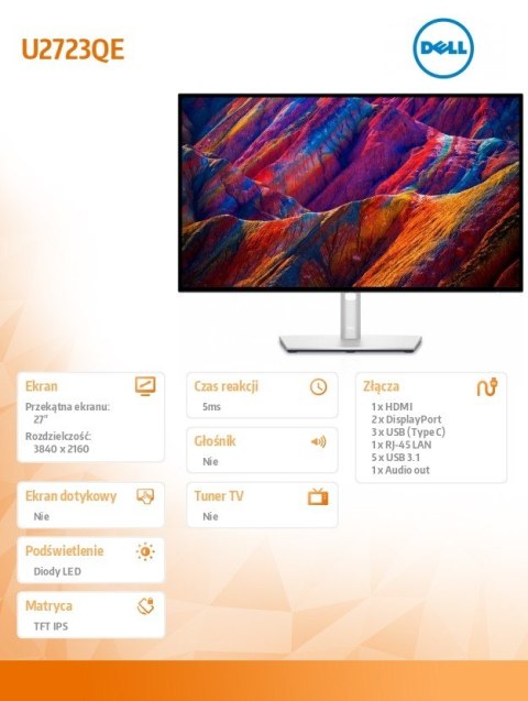 Monitor U2723QE 27 cali IPS LED 4K (3840x2160) /16:9/HDMI/2xDP/3xUSB-C/4xUSB 3.2/RJ-45/3Y AES&PPG