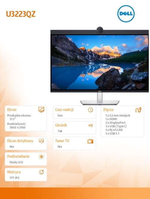 Monitor U3223QZ 31,5 cali IPS LED 4K 3840x2160/16:9/HDMI/2xDP/3xUSB-C/5xUSB/KVM/Kamera/Głośniki/Mikrofon/3Y AES&PPG