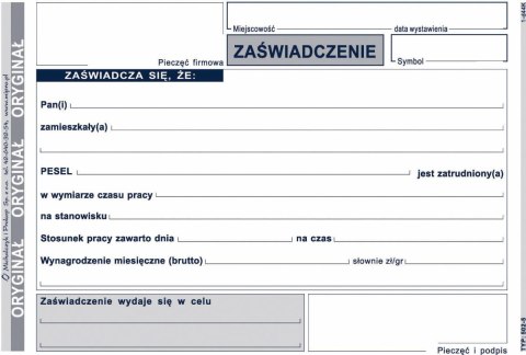 Druk samokopiujący Michalczyk i Prokop Zaświadczenie o zatrudnieniu A6 80k. (502-5)