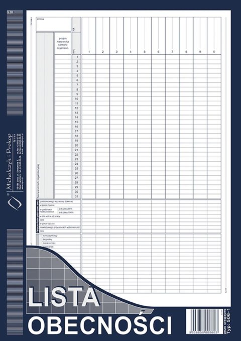 Druk offsetowy Michalczyk i Prokop LO Lista obecność A4, A4 40k. (506-1)