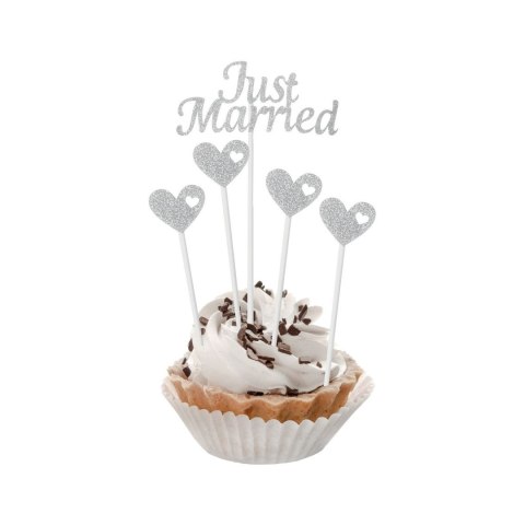 Dekoracja na tort Godan Pikery papierowe W&C Just Married, srebrne brokatowe, 5 szt. (QT-PJMS)