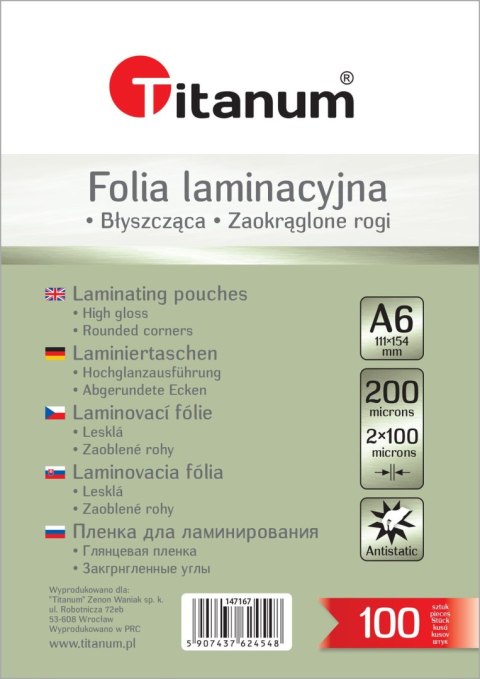 Folia do laminowania Titanum A6 przezroczysty 100mic. [mm:] 111x154