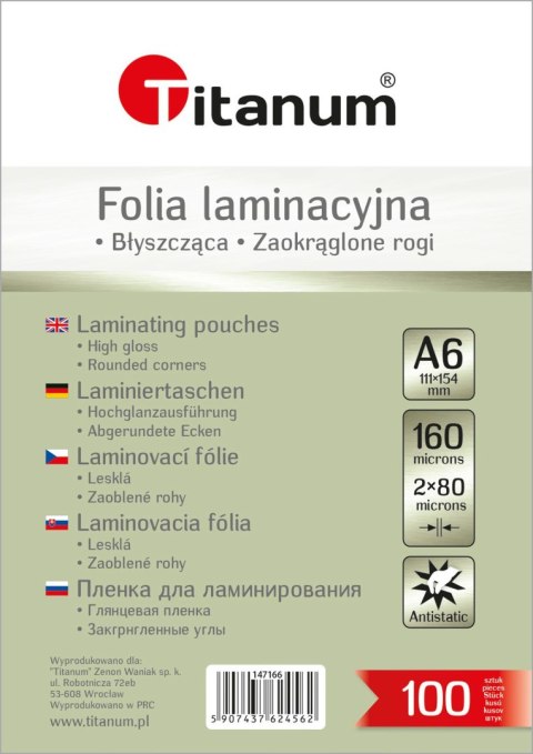 Folia do laminowania Titanum A6 przezroczysty 80mic. [mm:] 111x154