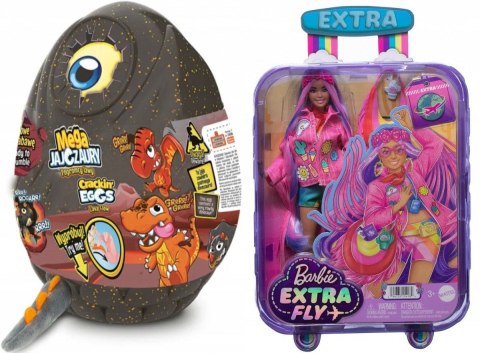 Pakiet PROMOCJA Mattel Mega Jajozaur 26cm Dź. +Mattel Barbie Extra Fly Lalka Hippie HPB15 (491404+618485)